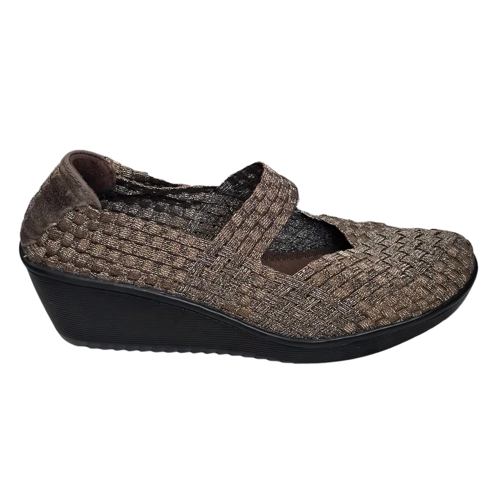 Bare Traps Ursala Bronze Metallic Woven Mary Jane Wedge Heels Shoes Size 7½